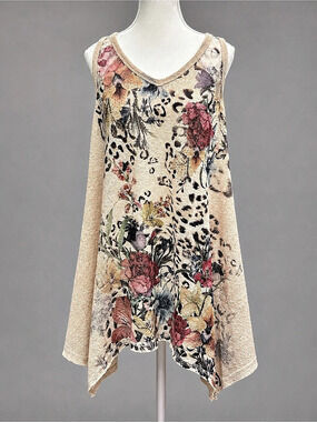 Vocal Apparel Leopard Floral Lace Tunic Tank Top S Y2K Boho Crystal